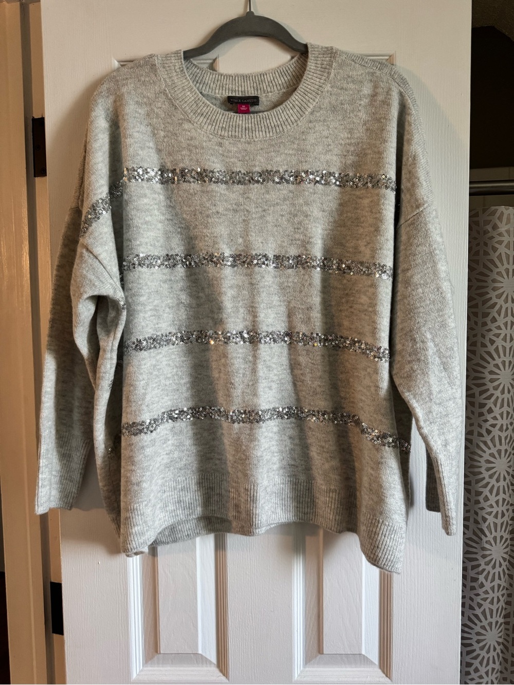 Vince Camuto Light Gray Sweater with Silver Sequin Stripes
